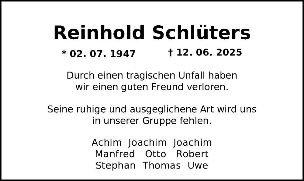  Traueranzeige für Reinhold Schlüters vom 21.06.2025 aus Nordwest-Zeitung