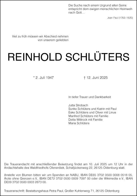 Traueranzeige von Reinhold Schlüters von Nordwest-Zeitung