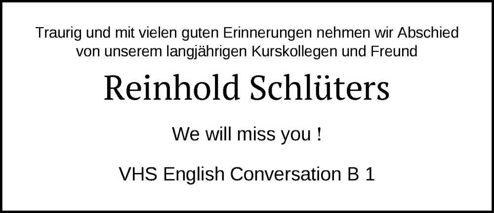  Traueranzeige für Reinhold Schlüters vom 21.06.2025 aus Nordwest-Zeitung