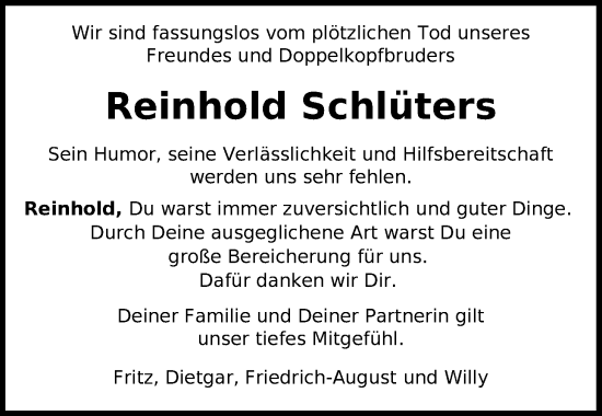 Traueranzeige von Reinhold Schlüters von Nordwest-Zeitung
