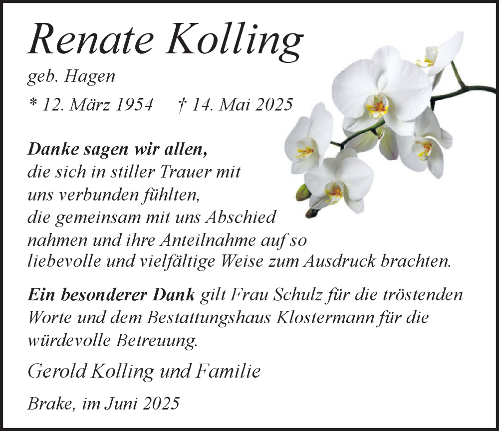  Traueranzeige für Renate Kolling vom 21.06.2025 aus Nordwest-Zeitung