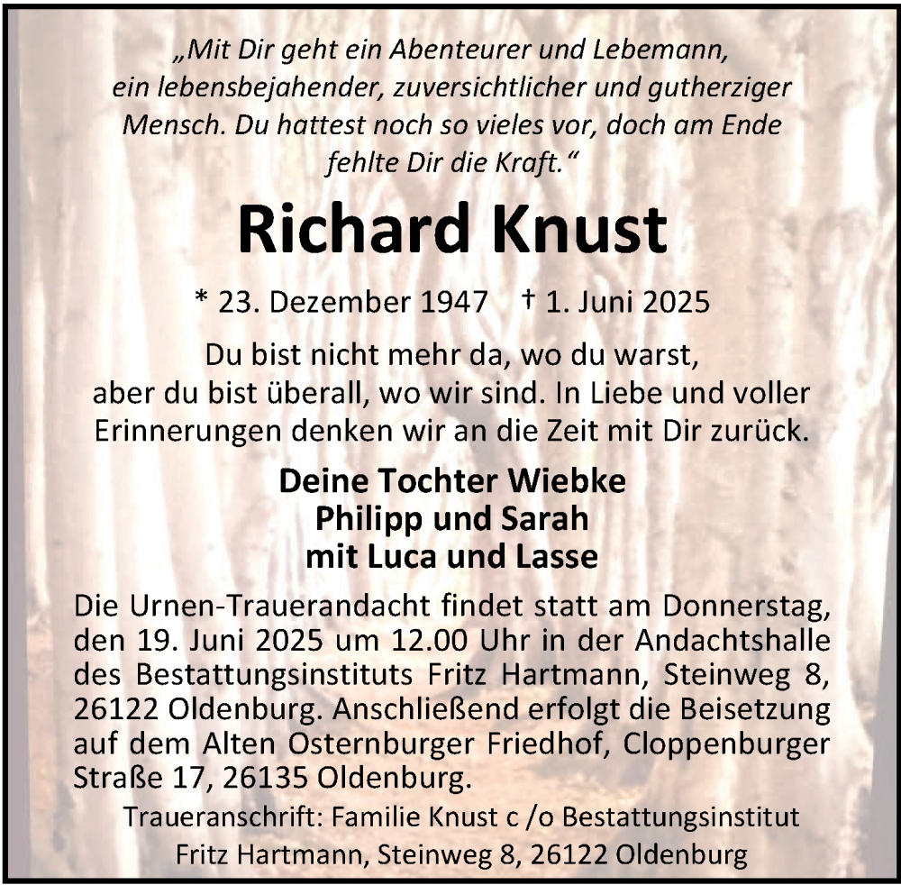  Traueranzeige für Richard Knust vom 14.06.2025 aus Nordwest-Zeitung