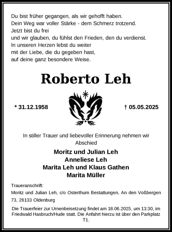 Traueranzeige von Roberto Leh von Nordwest-Zeitung