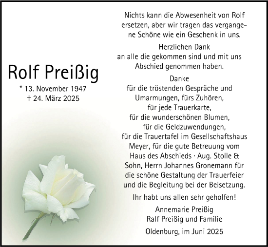 Traueranzeige von Rolf Preißig von Nordwest-Zeitung