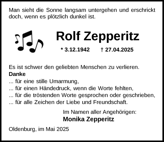 Traueranzeige von Rolf Zepperitz von Nordwest-Zeitung