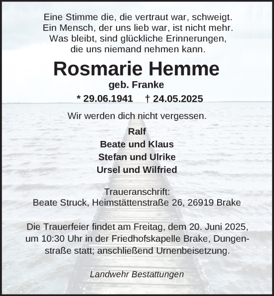 Traueranzeige von Rosmarie Hemme von Nordwest-Zeitung