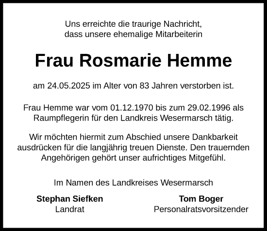 Traueranzeige von Rosmarie Hemme von Nordwest-Zeitung
