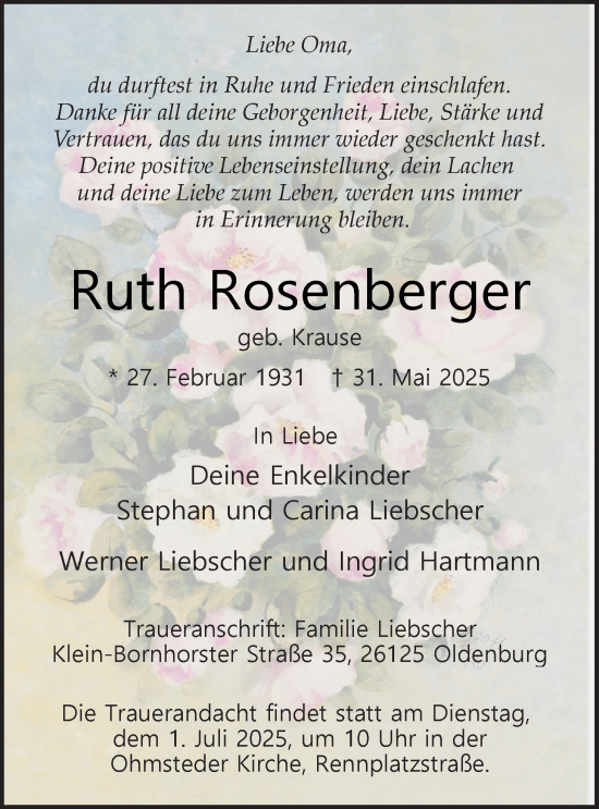 Traueranzeige von Ruth Rosenberger von Nordwest-Zeitung
