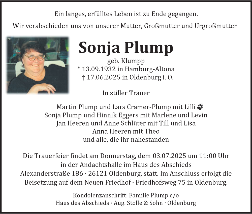  Traueranzeige für Sonja Plump vom 28.06.2025 aus Nordwest-Zeitung