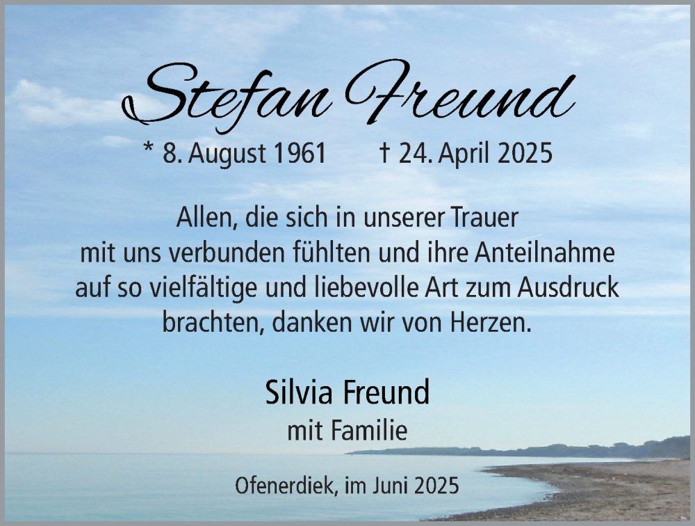  Traueranzeige für Stefan Freund vom 07.06.2025 aus Nordwest-Zeitung