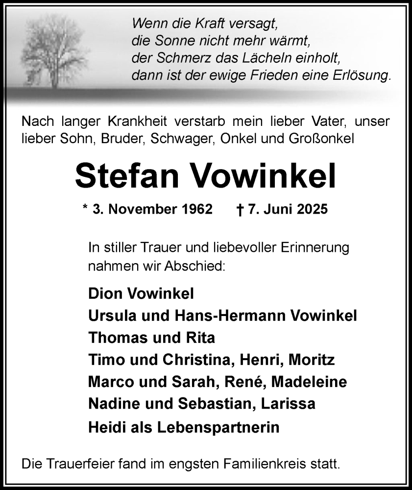  Traueranzeige für Stefan Vowinkel vom 27.06.2025 aus Nordwest-Zeitung
