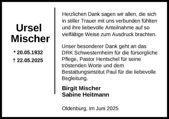 Traueranzeige von Ursel Mischer von Nordwest-Zeitung