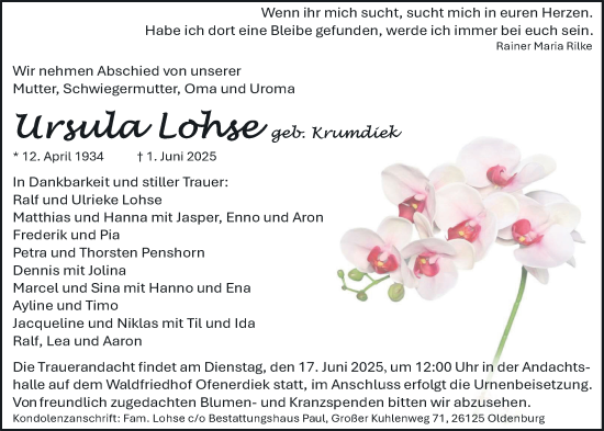Traueranzeige von Ursula Lohse von Nordwest-Zeitung