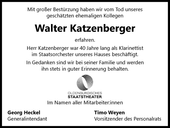 Traueranzeige von Walter Katzenberger von Nordwest-Zeitung