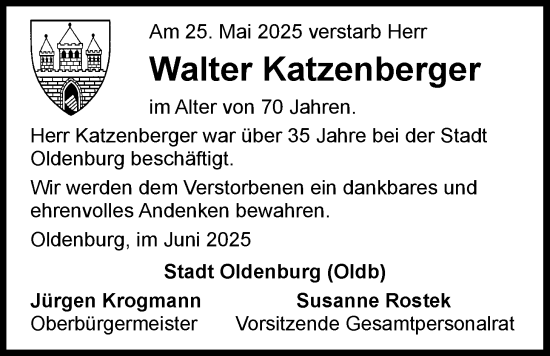 Traueranzeige von Walter Katzenberger von Nordwest-Zeitung