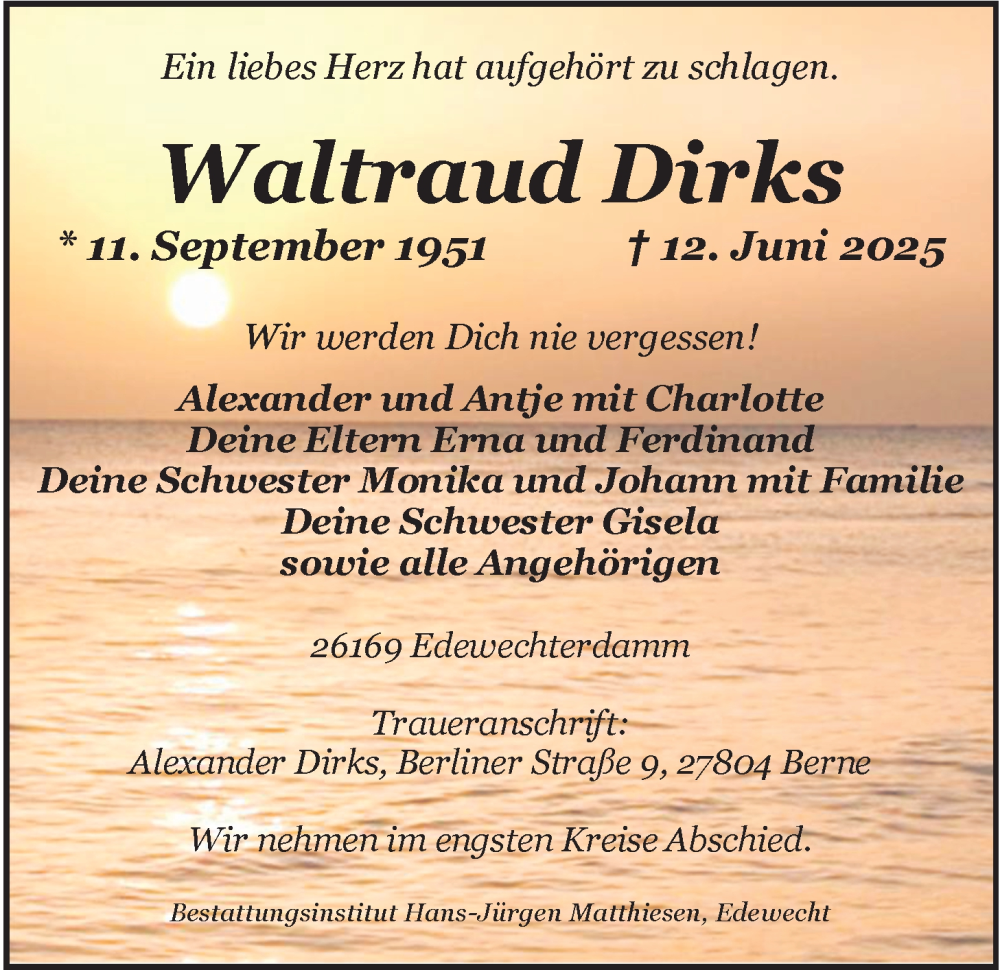 Traueranzeige für Waltraud Dirks vom 21.06.2025 aus Nordwest-Zeitung