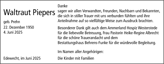 Traueranzeige von Waltraut Piepers von Nordwest-Zeitung