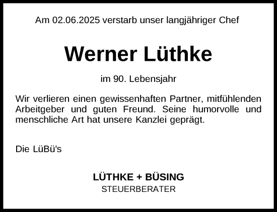 Traueranzeige von Werner Lüthke von Nordwest-Zeitung