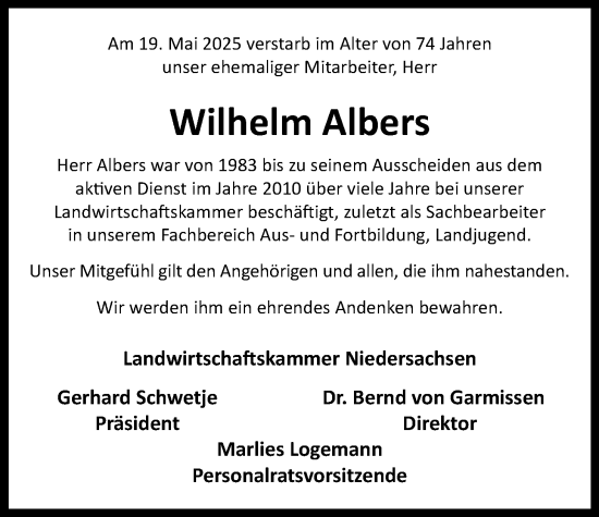 Traueranzeige von Wilhelm Albers von Nordwest-Zeitung