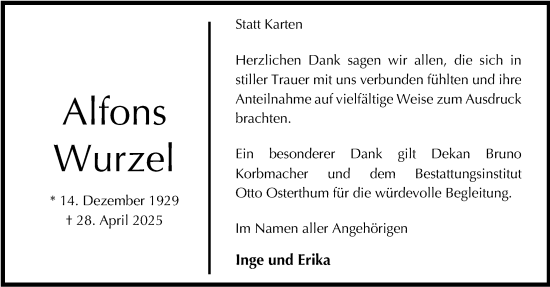 Traueranzeige von Alfons Wurzel von Nordwest-Zeitung