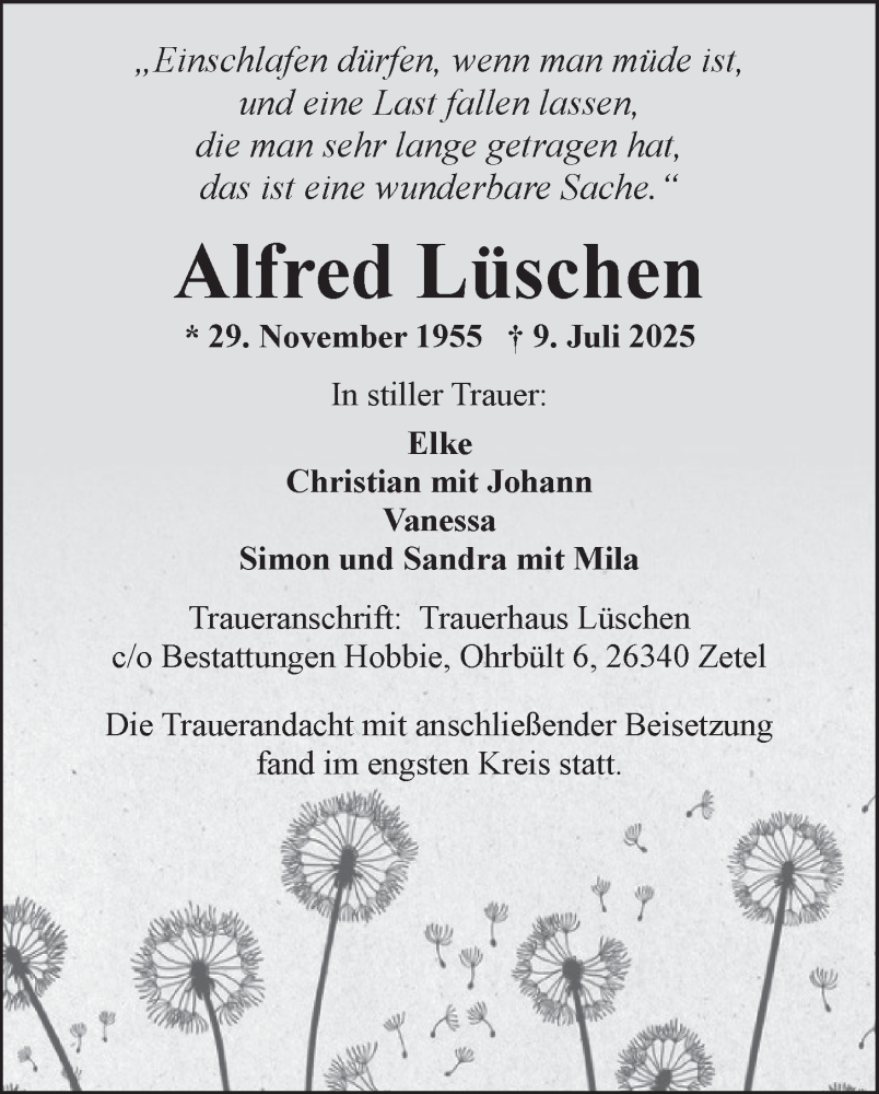  Traueranzeige für Alfred Lüschen vom 19.07.2025 aus Nordwest-Zeitung