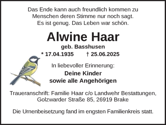 Traueranzeige von Alwine Haar von Nordwest-Zeitung