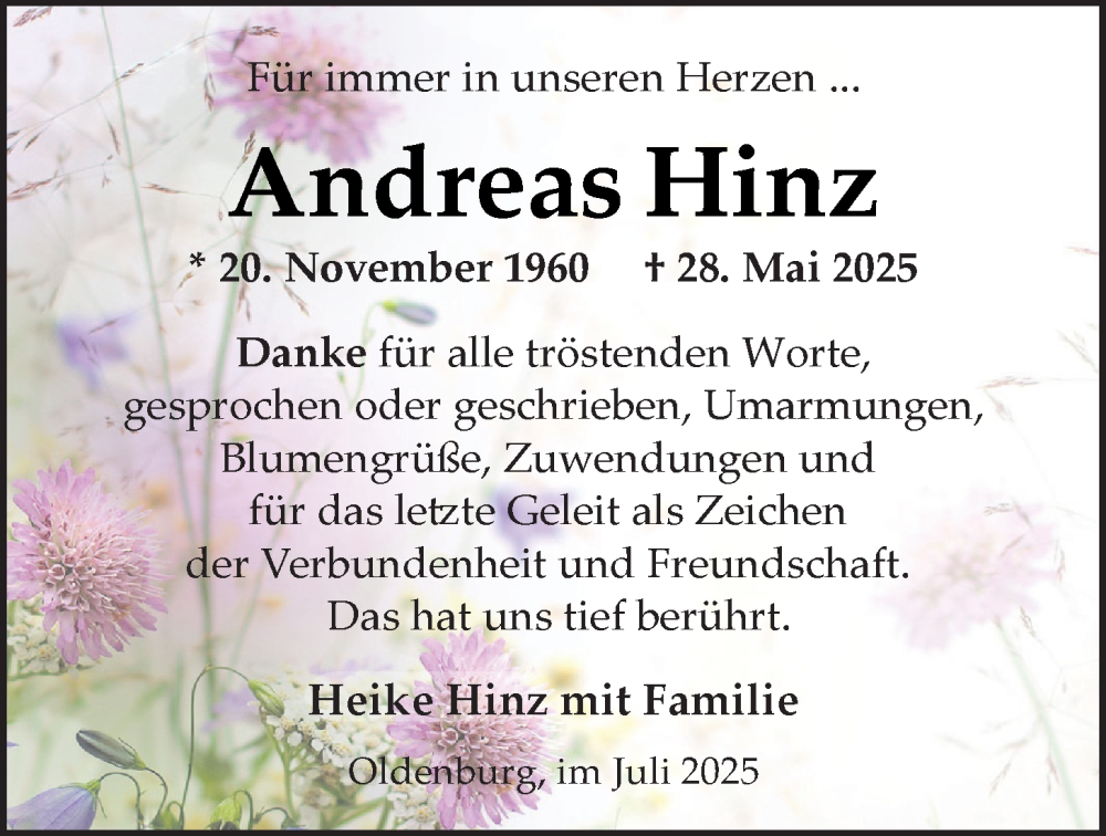  Traueranzeige für Andreas Hinz vom 26.07.2025 aus Nordwest-Zeitung