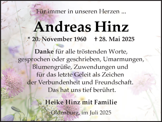 Traueranzeige von Andreas Hinz von Nordwest-Zeitung
