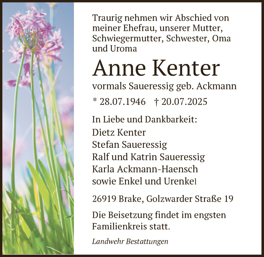  Traueranzeige für Anne Kenter vom 25.07.2025 aus Nordwest-Zeitung