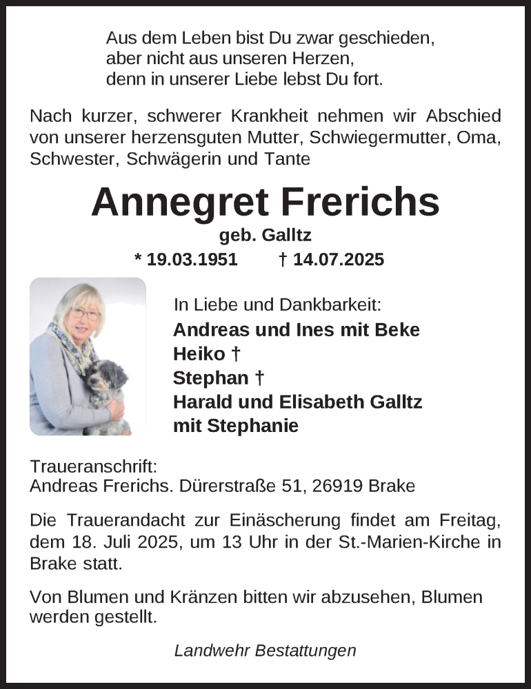  Traueranzeige für Annegret Frerichs vom 16.07.2025 aus Nordwest-Zeitung