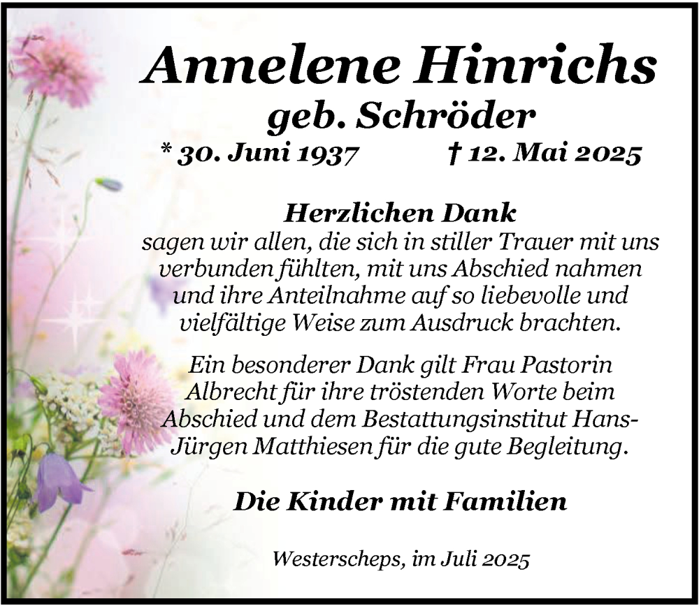  Traueranzeige für Annelene Hinrichs vom 05.07.2025 aus Nordwest-Zeitung
