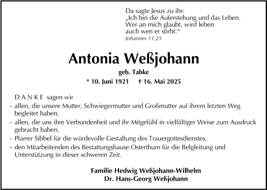Traueranzeige von Antonia Weßjohann von Nordwest-Zeitung