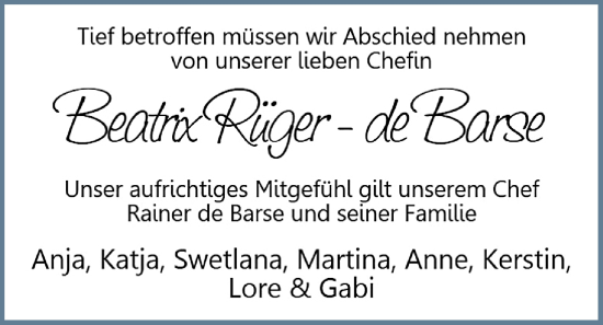 Traueranzeige von Beatrix Rüger-de Barse von Nordwest-Zeitung