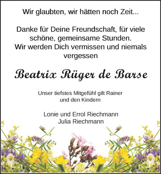 Traueranzeige von Beatrix Rüger-de Barse von Nordwest-Zeitung