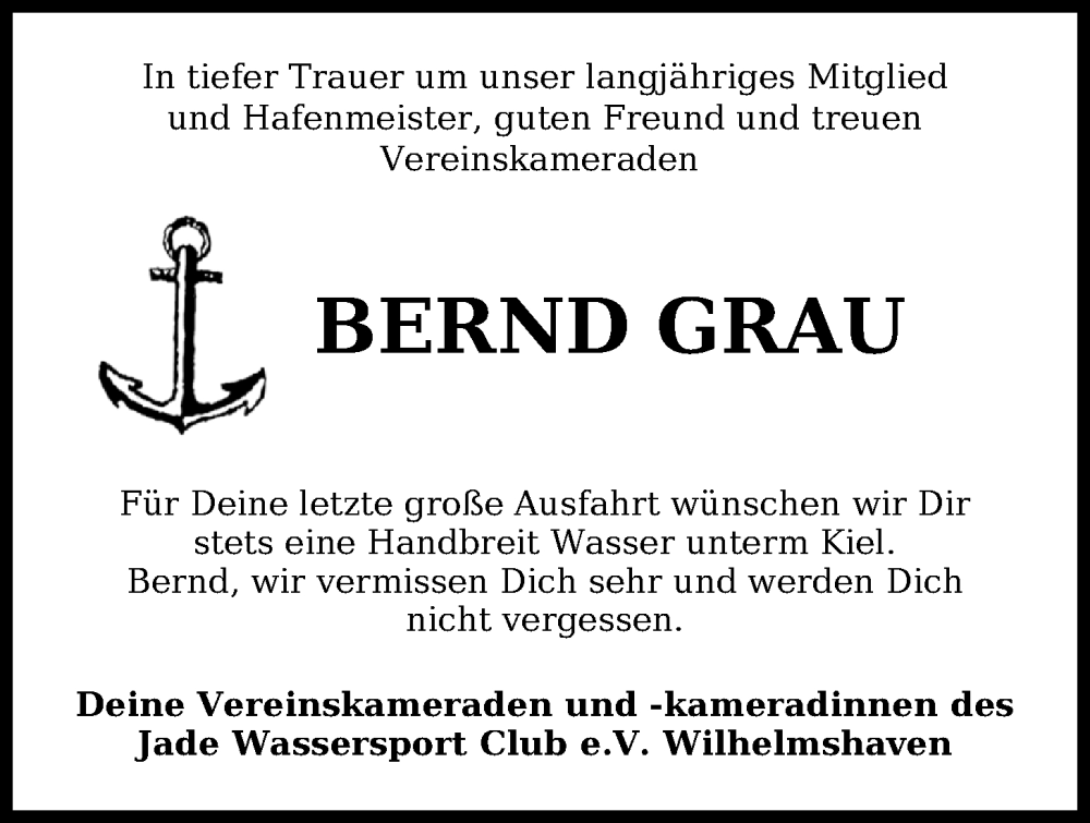  Traueranzeige für Bernd Grau vom 05.07.2025 aus WZ/JW/AH