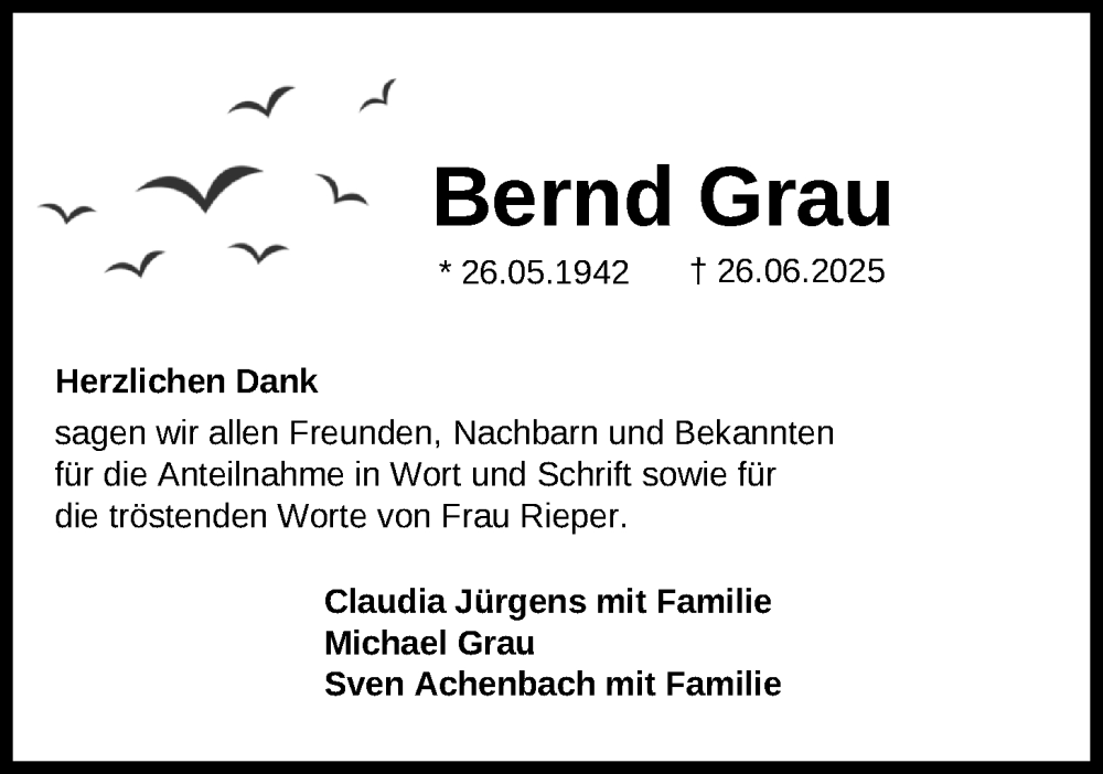  Traueranzeige für Bernd Grau vom 19.07.2025 aus WZ/JW/AH