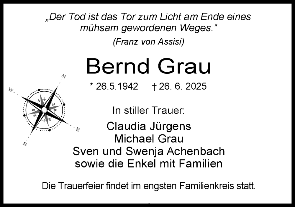  Traueranzeige für Bernd Grau vom 05.07.2025 aus WZ/JW/AH