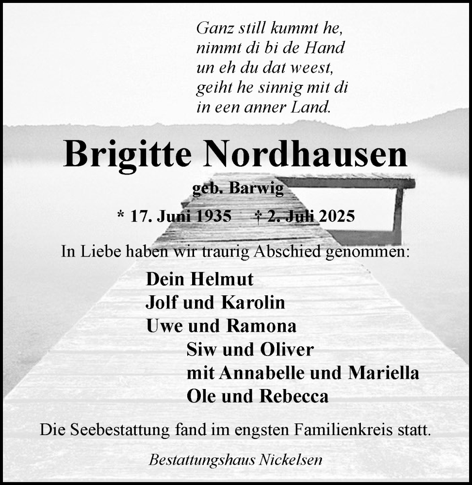  Traueranzeige für Brigitte Nordhausen vom 01.08.2025 aus Nordwest-Zeitung
