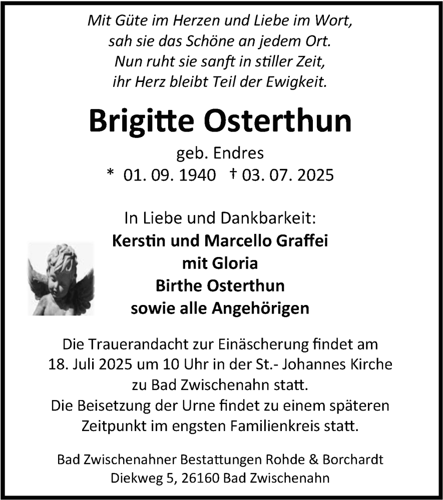  Traueranzeige für Brigitte Osterthun vom 09.07.2025 aus Nordwest-Zeitung