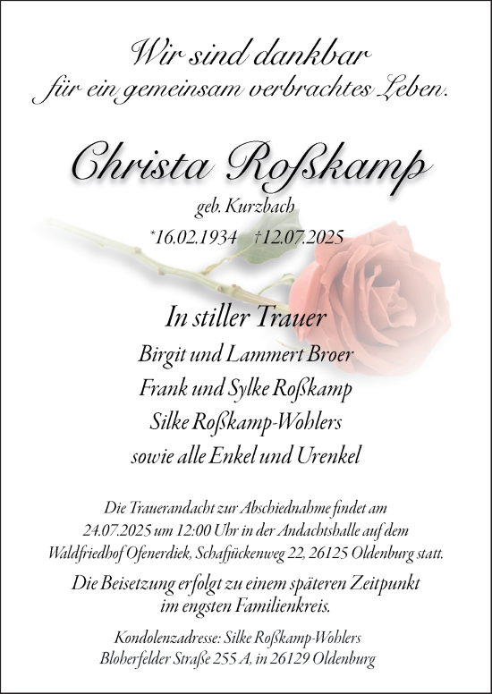 Traueranzeige von Christa Roßkamp von Nordwest-Zeitung