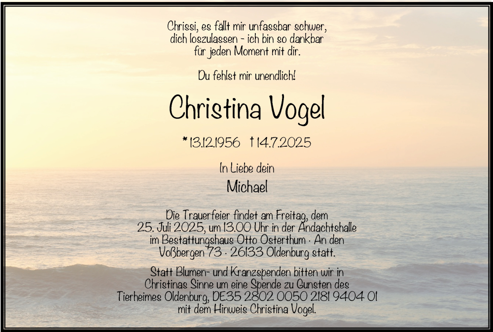  Traueranzeige für Christina Vogel vom 19.07.2025 aus Nordwest-Zeitung