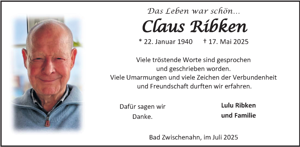  Traueranzeige für Claus Ribken vom 05.07.2025 aus Nordwest-Zeitung