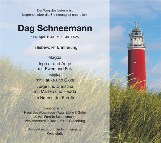 Traueranzeige von Dag Schneemann von Nordwest-Zeitung