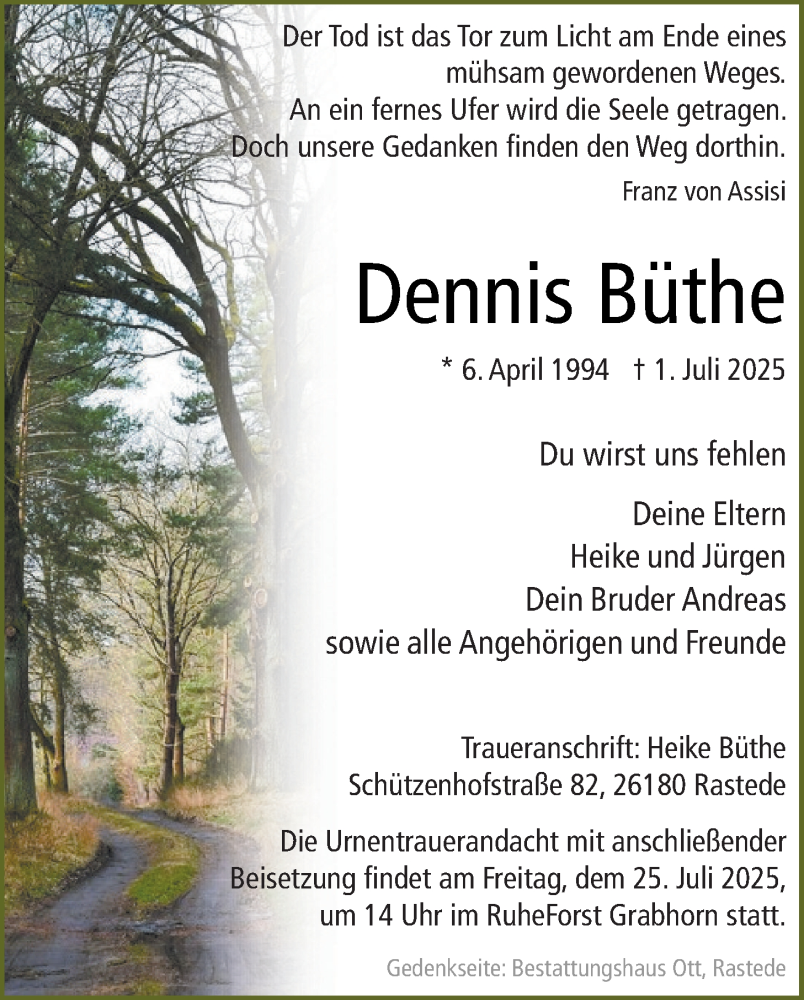  Traueranzeige für Dennis Büthe vom 12.07.2025 aus Nordwest-Zeitung
