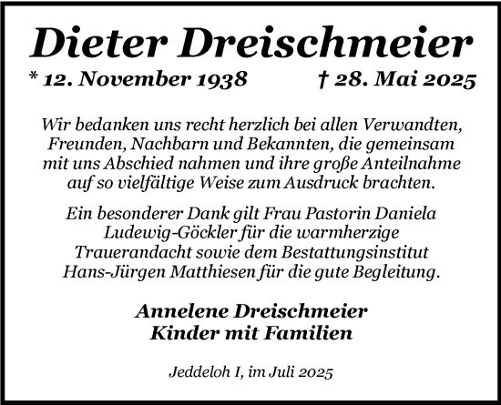 Traueranzeige von Dieter Dreischmeier von Nordwest-Zeitung