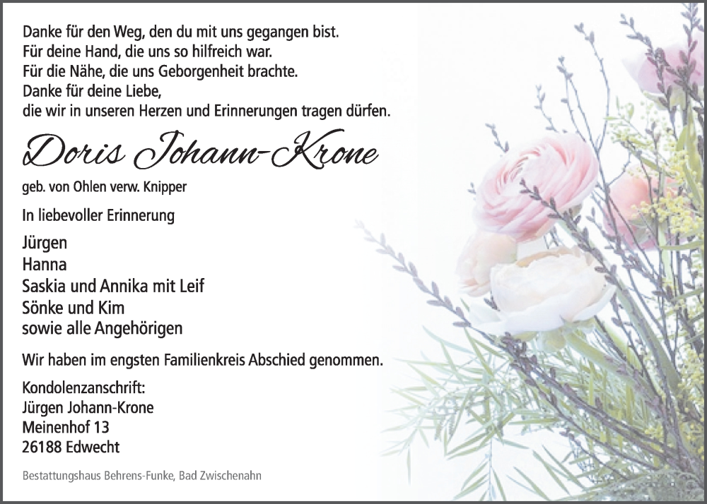  Traueranzeige für Doris Johann-Krone vom 19.07.2025 aus Nordwest-Zeitung