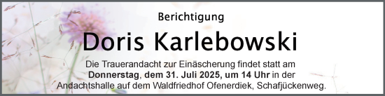 Traueranzeige von Doris Karlebowski von Nordwest-Zeitung