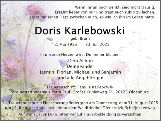 Traueranzeige von Doris Karlebowski von Nordwest-Zeitung