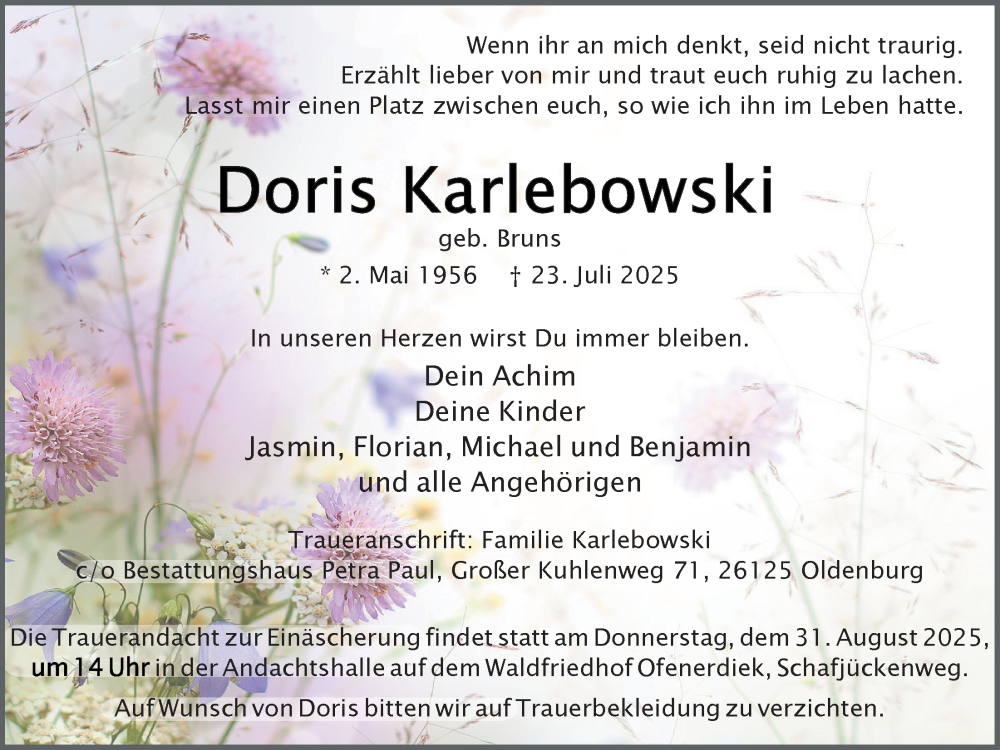  Traueranzeige für Doris Karlebowski vom 28.07.2025 aus Nordwest-Zeitung
