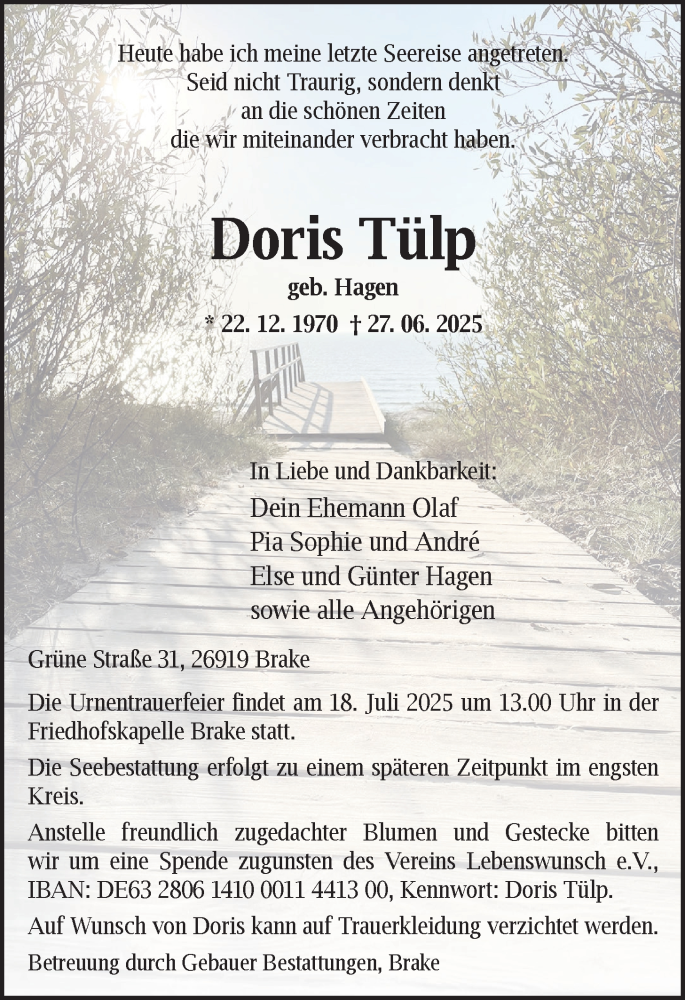  Traueranzeige für Doris Tülp vom 05.07.2025 aus Nordwest-Zeitung